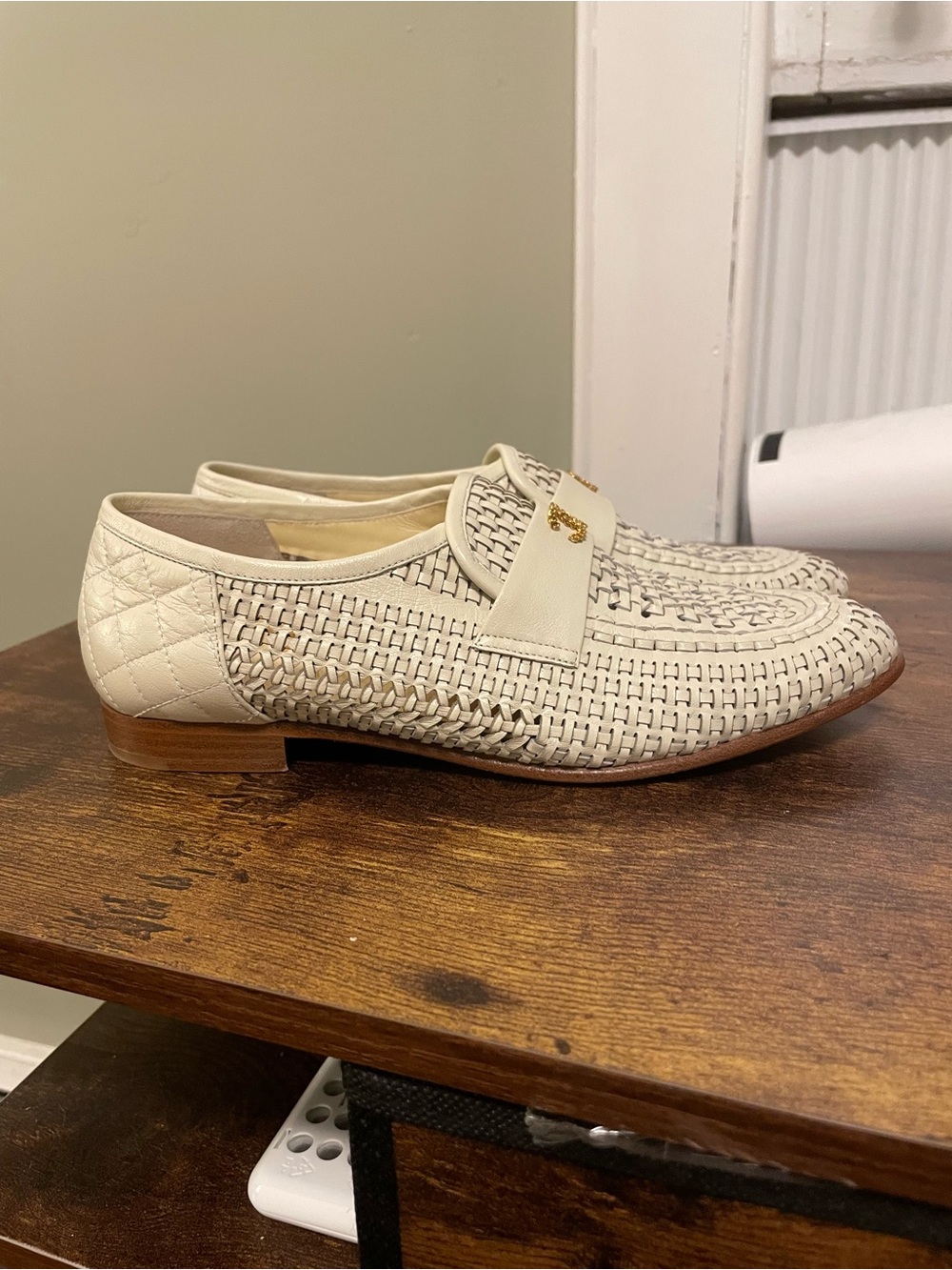 CHANEL Cream Woven Leather Women’s Loafers with Gold Logo - Picture 2 of 8